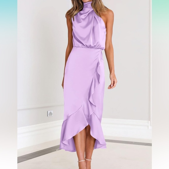 Satin Mock Neck Midi Dress Sleeveless - Picture 4 of 6